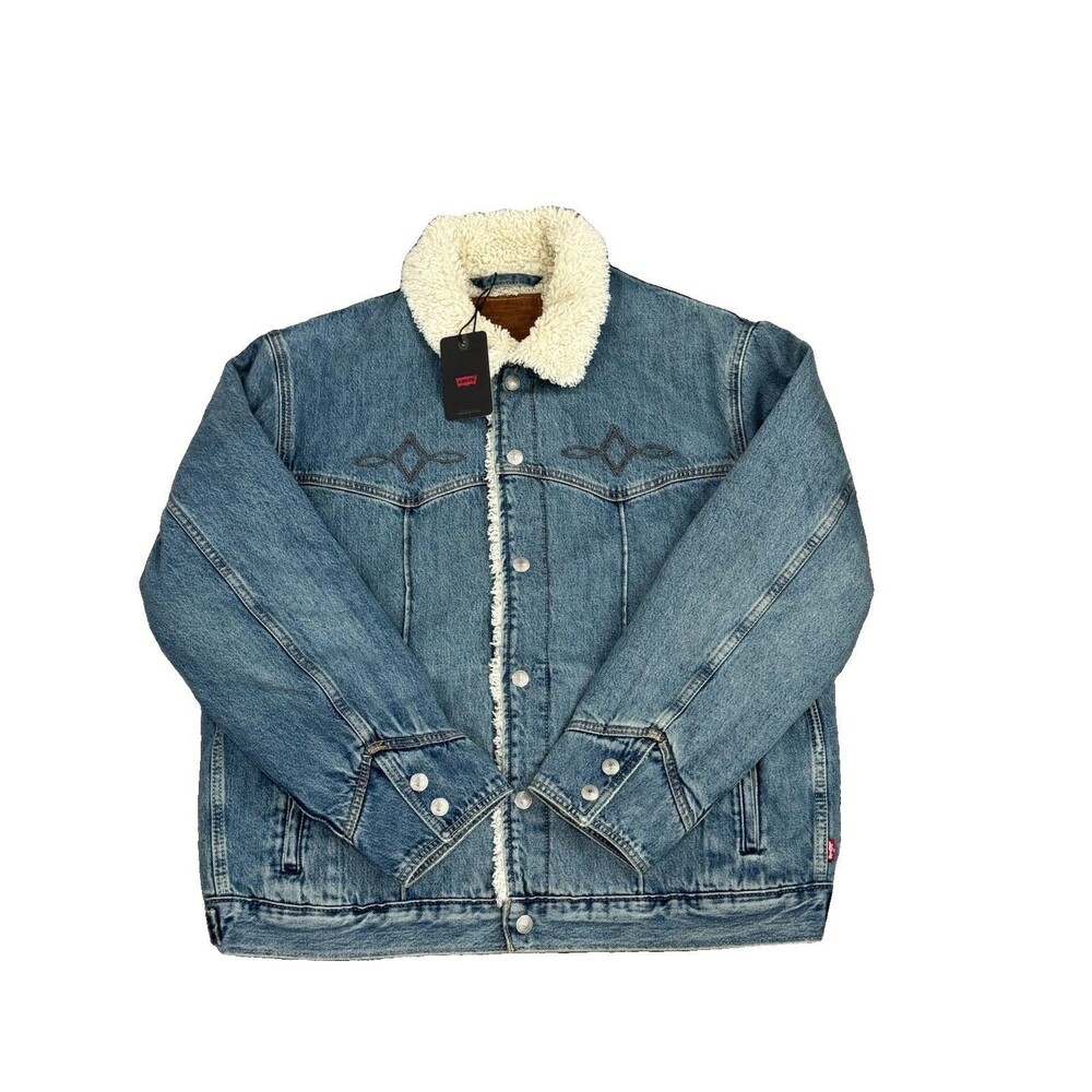 Levis Premium Relaxed Sherpa Trucker Jacket Blue Denim Western Men’s Size Large